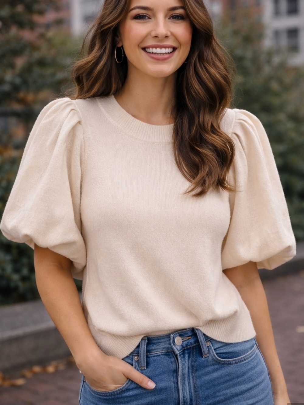 Soft Cream Puff Sleeve Sweater Tee